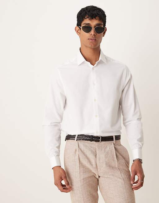 ASOS DESIGN Textured Regular Shirt With Cuff Detail In White