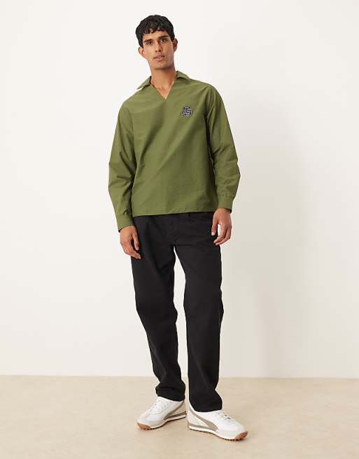 ASOS DESIGN Textured Relaxed Overhead Shirt With Chest Embroidery In Khaki