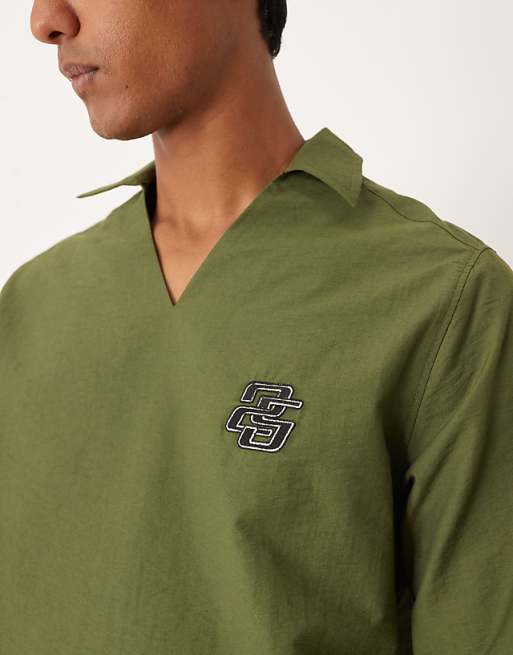 ASOS DESIGN Textured Relaxed Overhead Shirt With Chest Embroidery In Khaki
