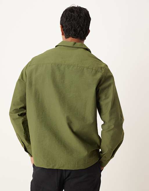 ASOS DESIGN Textured Relaxed Overhead Shirt With Chest Embroidery In Khaki