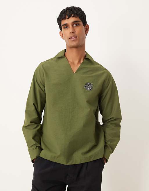 ASOS DESIGN textured relaxed overhead shirt with chest embroidery in khaki