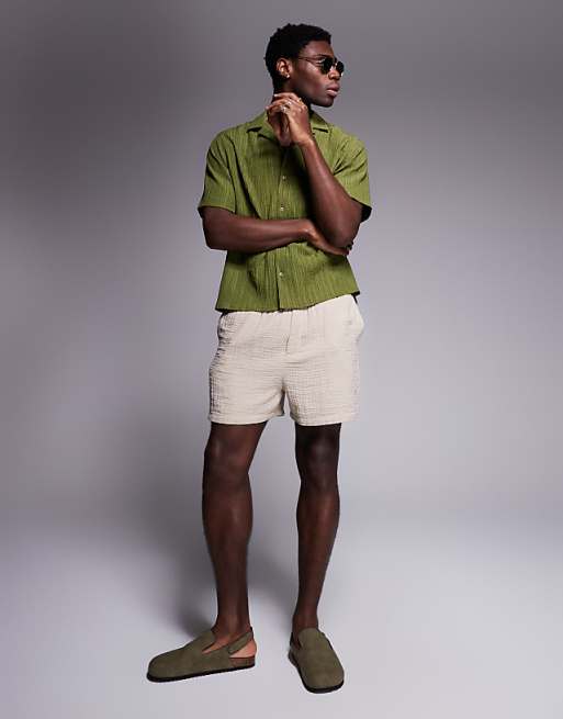 ASOS DESIGN Textured Revere Shirt In Khaki