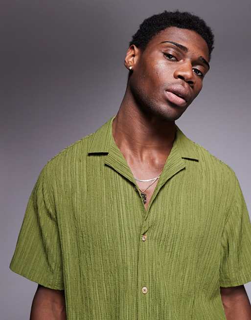 ASOS DESIGN Textured Revere Shirt In Khaki