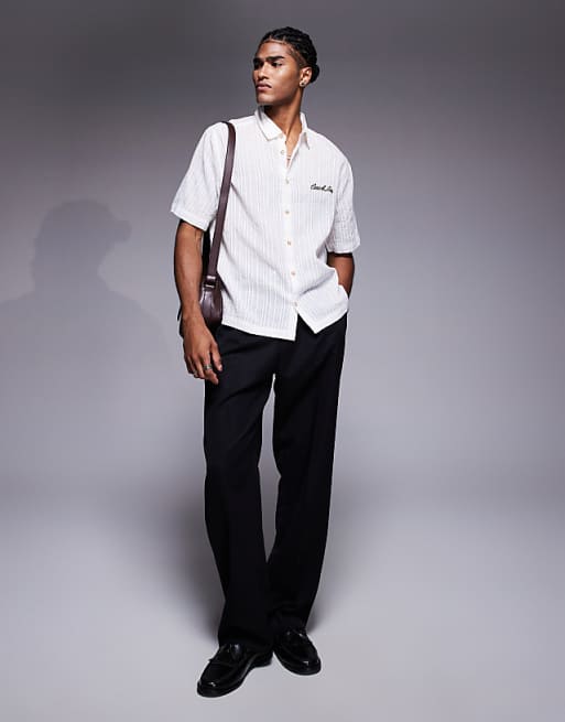 ASOS DESIGN Textured Shirt With Chest Embroidery In White