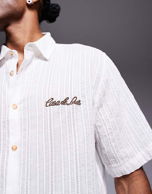 ASOS DESIGN Textured Shirt With Chest Embroidery In White