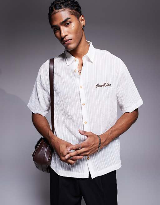 ASOS DESIGN textured shirt with chest embroidery in white