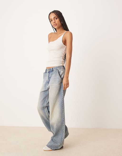 ASOS DESIGN Textured Stripe One Shoulder Tank In Neutral