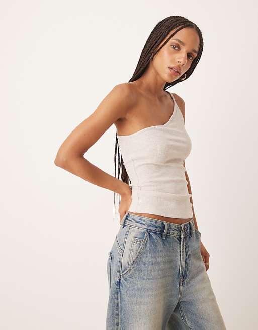 ASOS DESIGN textured stripe one shoulder tank in neutral