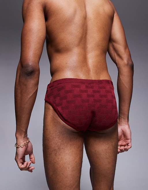 ASOS DESIGN Textured Swim Brief In Burgundy