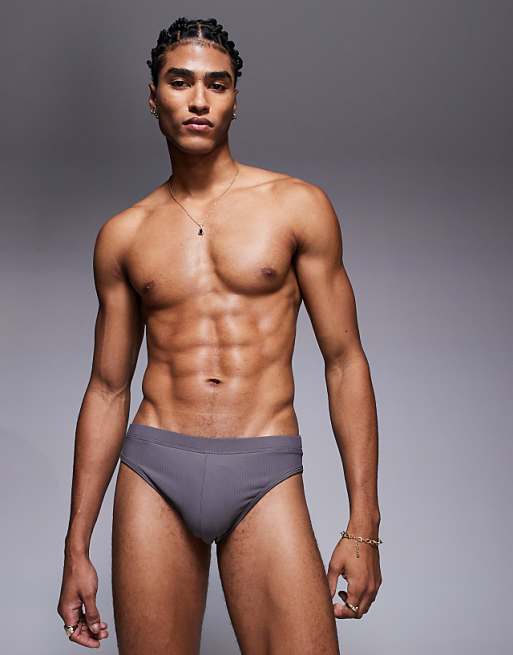 ASOS DESIGN Textured Swim Brief In Charcoal