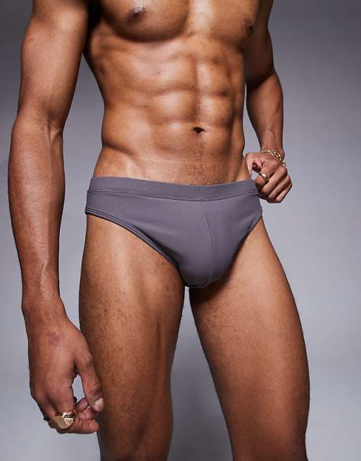 ASOS DESIGN textured swim brief in charcoal
