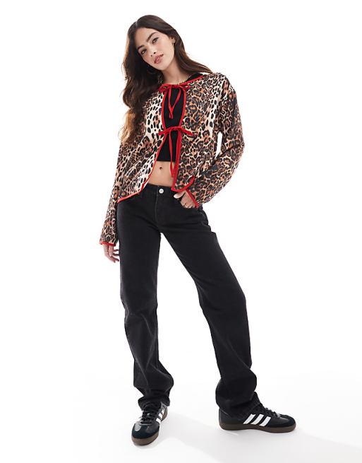 ASOS DESIGN Tie Front Jersey Shacket In Leopard Print