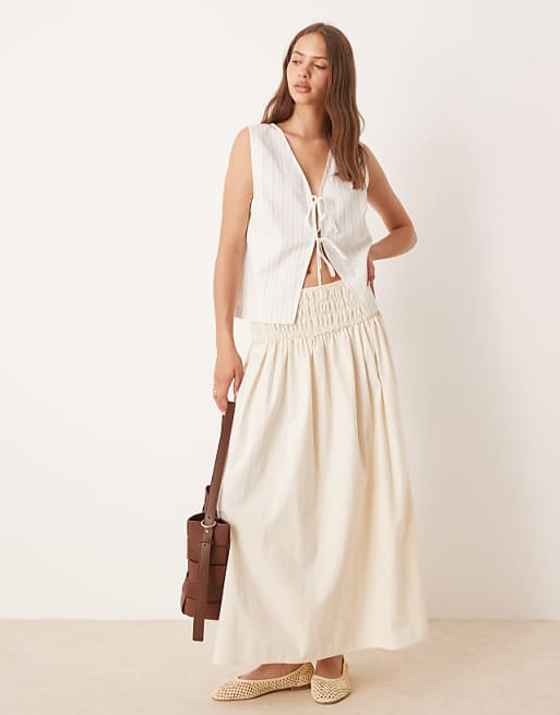 ASOS DESIGN Tie Front Waistcoat With Linen In Ecru Stripe