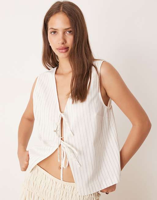 ASOS DESIGN tie front waistcoat with linen in ecru stripe