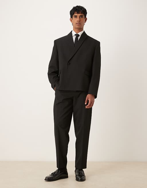 ASOS DESIGN tonal metallic stripe boxy shawl lapel suit in black