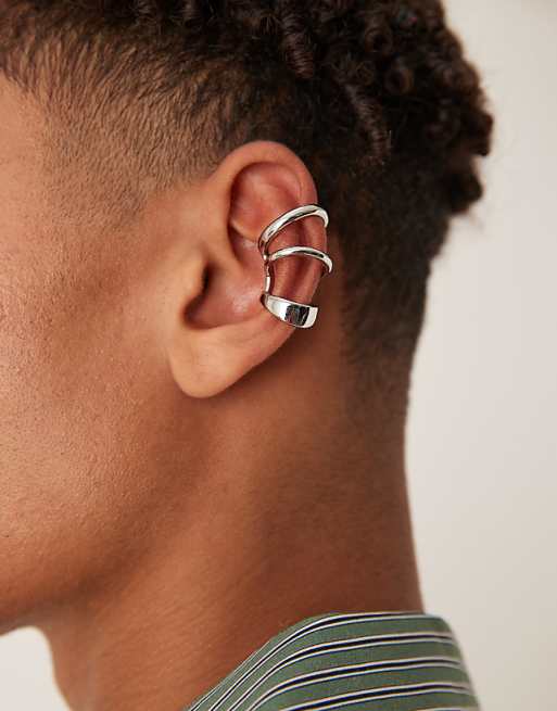 ASOS DESIGN triple row ear cuff in silver tone