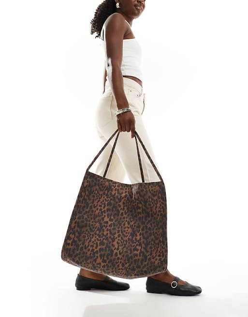 ASOS DESIGN Tubular Handle Canvas Tote Bag In Brown Leopard