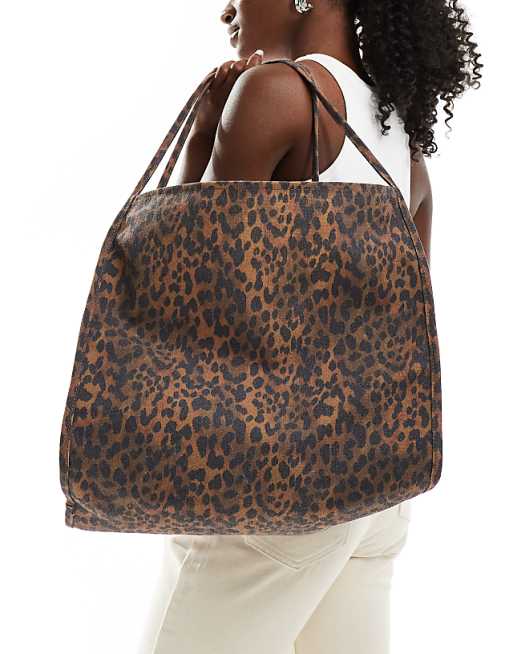 ASOS DESIGN Tubular Handle Canvas Tote Bag In Brown Leopard