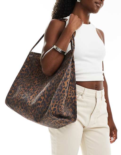 ASOS DESIGN tubular handle canvas tote bag in brown leopard
