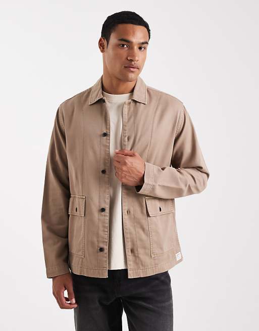 ASOS DESIGN twill overshirt with badge detail in brown
