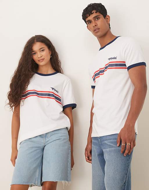 ASOS DESIGN unisex Gola regular fit t-shirt with stripe detail in white