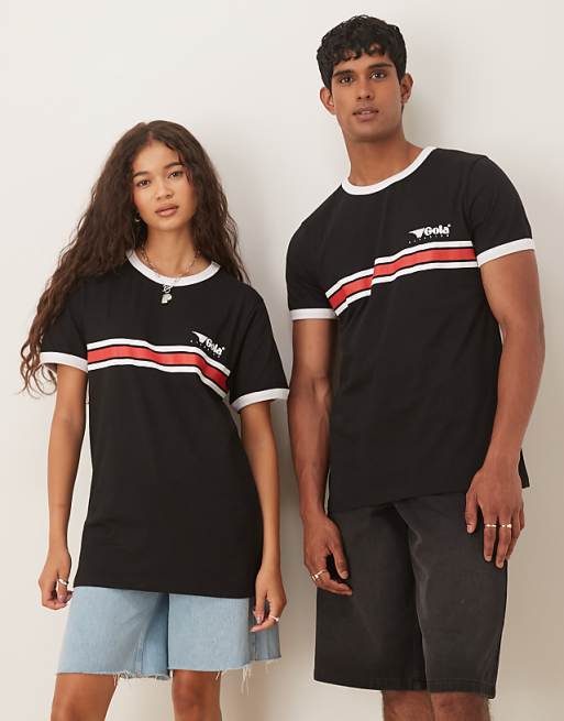 ASOS DESIGN unisex Gola regular fit t-shirt with stripe detail in black