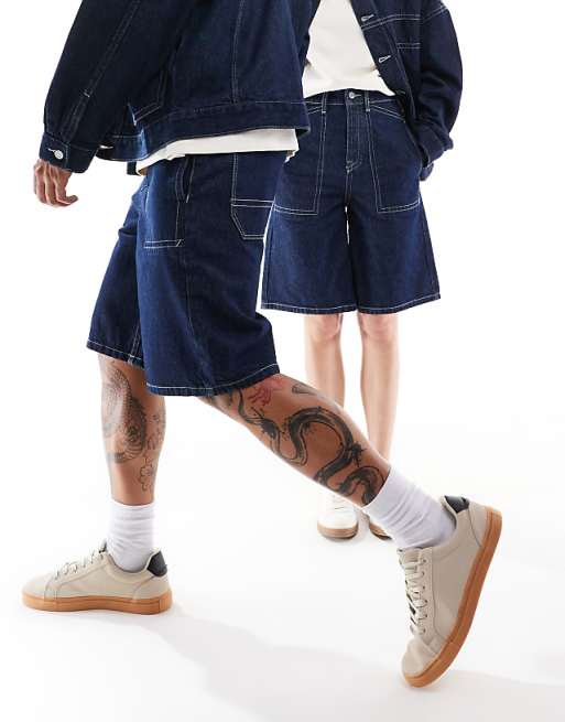 ASOS DESIGN Unisex Long Length Denim Jorts With Contrast Stitching In Rinse Wash Blue