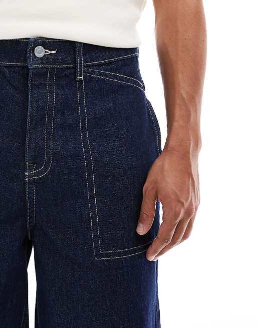 ASOS DESIGN Unisex Long Length Denim Jorts With Contrast Stitching In Rinse Wash Blue