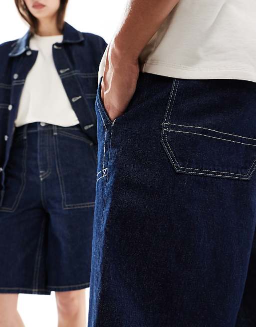 ASOS DESIGN Unisex Long Length Denim Jorts With Contrast Stitching In Rinse Wash Blue