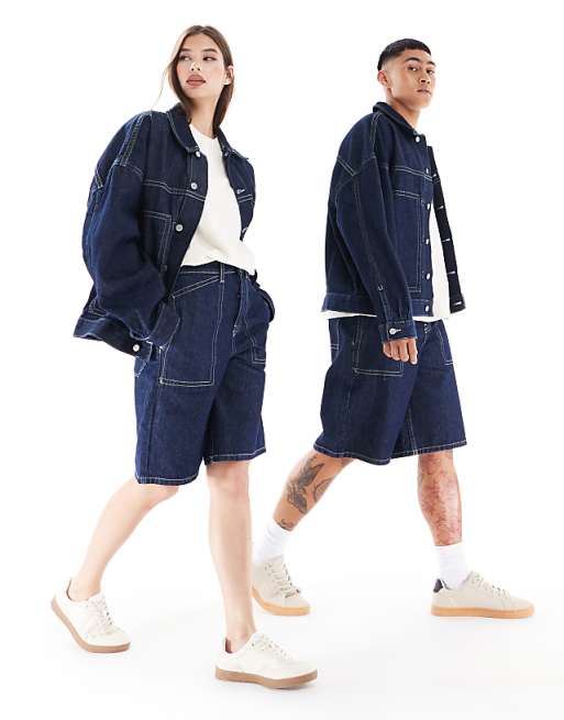 ASOS DESIGN unisex long length denim jorts with contrast stitching in rinse wash blue