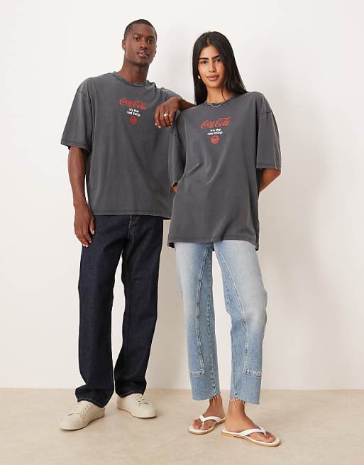 ASOS DESIGN Unisex Oversized T-shirt With Coca Cola Prints In Washed Black
