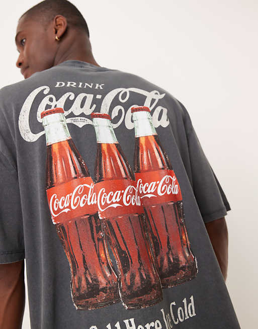 ASOS DESIGN Unisex Oversized T-shirt With Coca Cola Prints In Washed Black