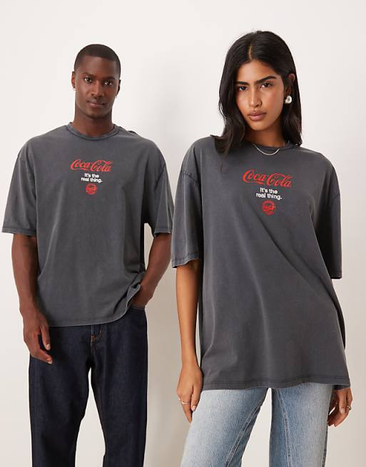 ASOS DESIGN Unisex Oversized T-shirt With Coca Cola Prints In Washed Black