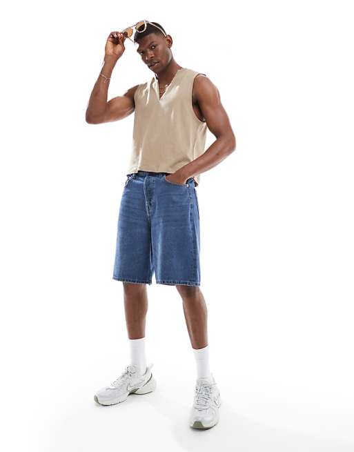 ASOS DESIGN V Neck Tank In Stone Linen Mix