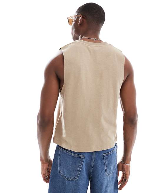ASOS DESIGN V Neck Tank In Stone Linen Mix