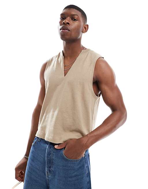 ASOS DESIGN v neck tank in stone linen mix