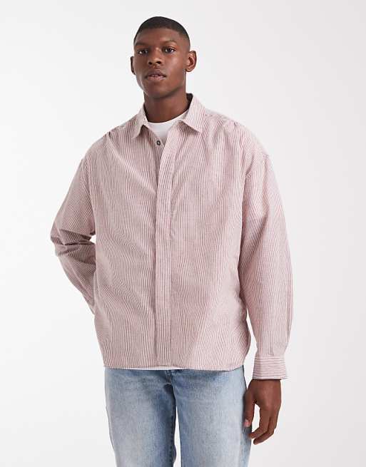 ASOS DESIGN volume oversized stripe shirt in burgundy