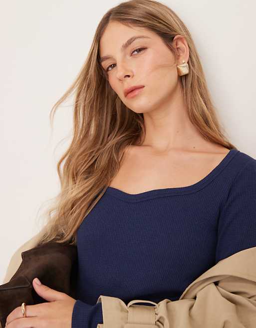 ASOS DESIGN Waffle Sweetheart Waffle Top In Navy