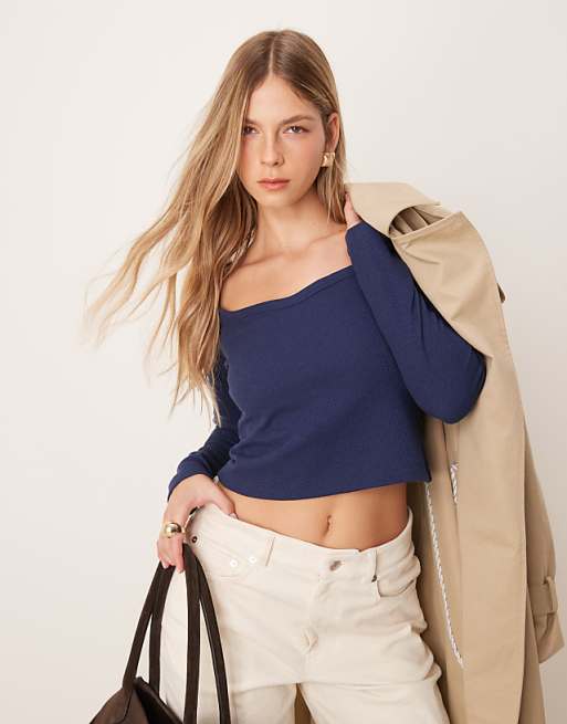 ASOS DESIGN waffle sweetheart waffle top in navy