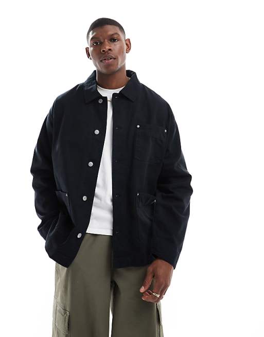 ASOS DESIGN washed twill worker jacket in black