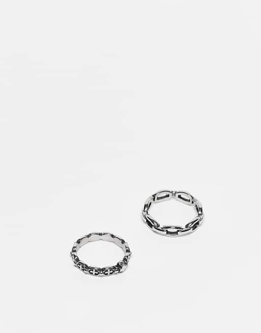 ASOS DESIGN waterproof stainless 2 pack chain and cross ring in burnished silver
