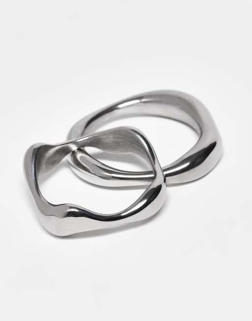ASOS DESIGN Waterproof Stainless 2 Pack Molten Band Ring In Silver Tone