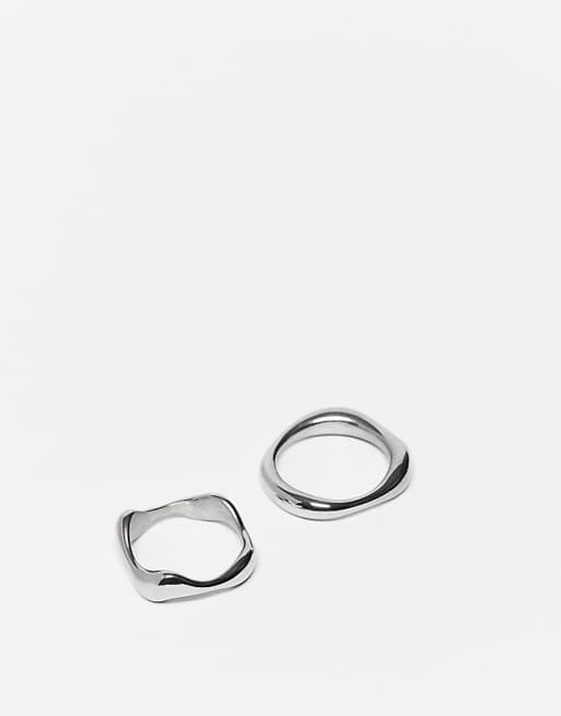 ASOS DESIGN waterproof stainless 2 pack molten band ring in silver tone