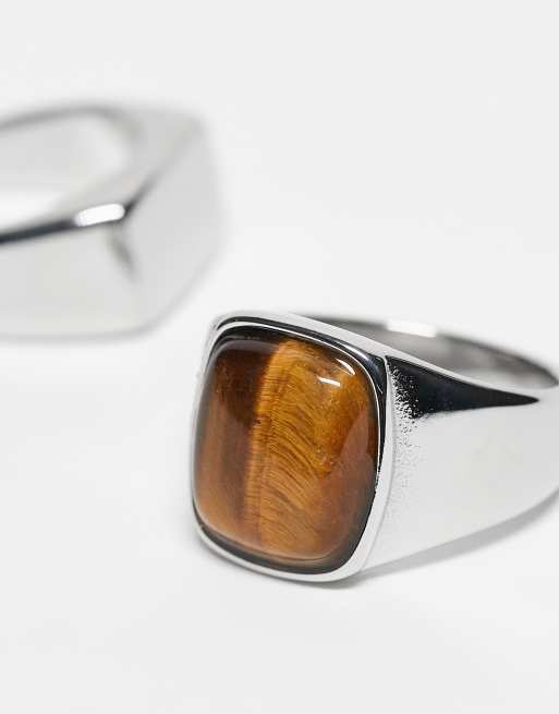 ASOS DESIGN Waterproof Stainless 2 Pack Signet Ring With Tigers Eye In Silver Tone