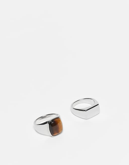 ASOS DESIGN waterproof stainless 2 pack signet ring with tigers eye in silver tone