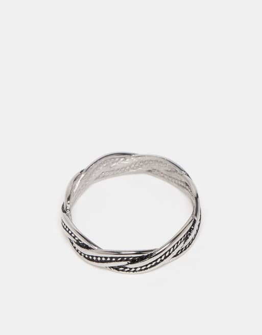 ASOS DESIGN Waterproof Stainless Plaited Ring With Burnished Engraved Design In Silver Tone