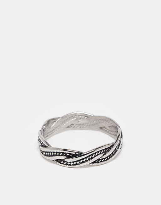 ASOS DESIGN waterproof stainless plaited ring with burnished engraved design in silver tone