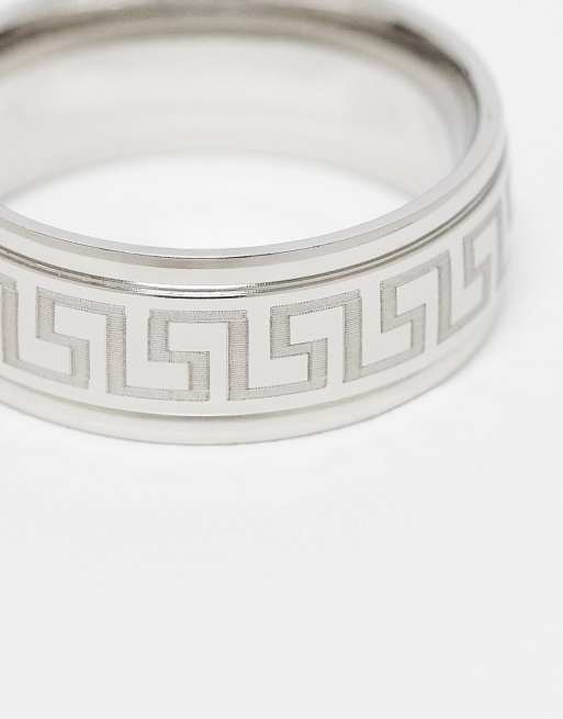 ASOS DESIGN Waterproof Stainless Steel Band Ring With Greek Wave Design In Silver Tone