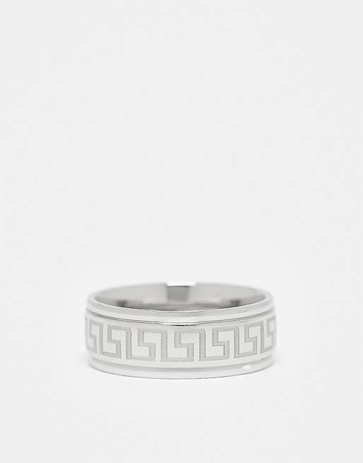 ASOS DESIGN waterproof stainless steel band ring with Greek wave design in silver tone