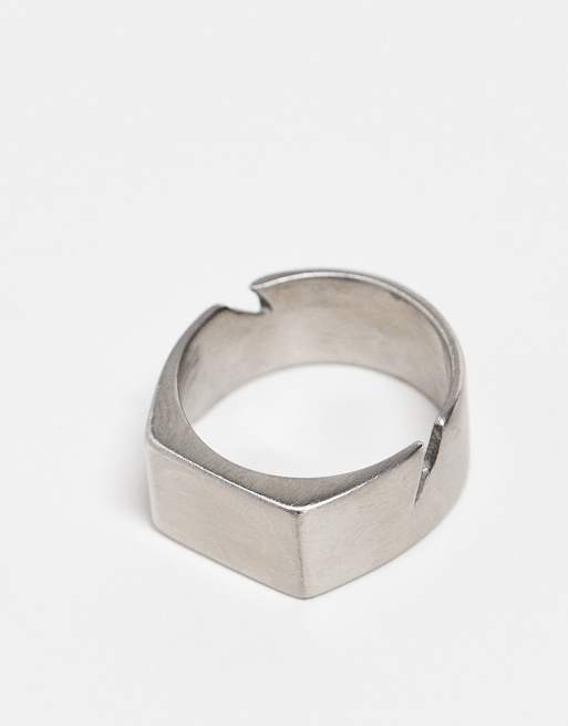 ASOS DESIGN Waterproof Stainless Steel Cut Out Brushed Silver Signet Ring In Silver Tone